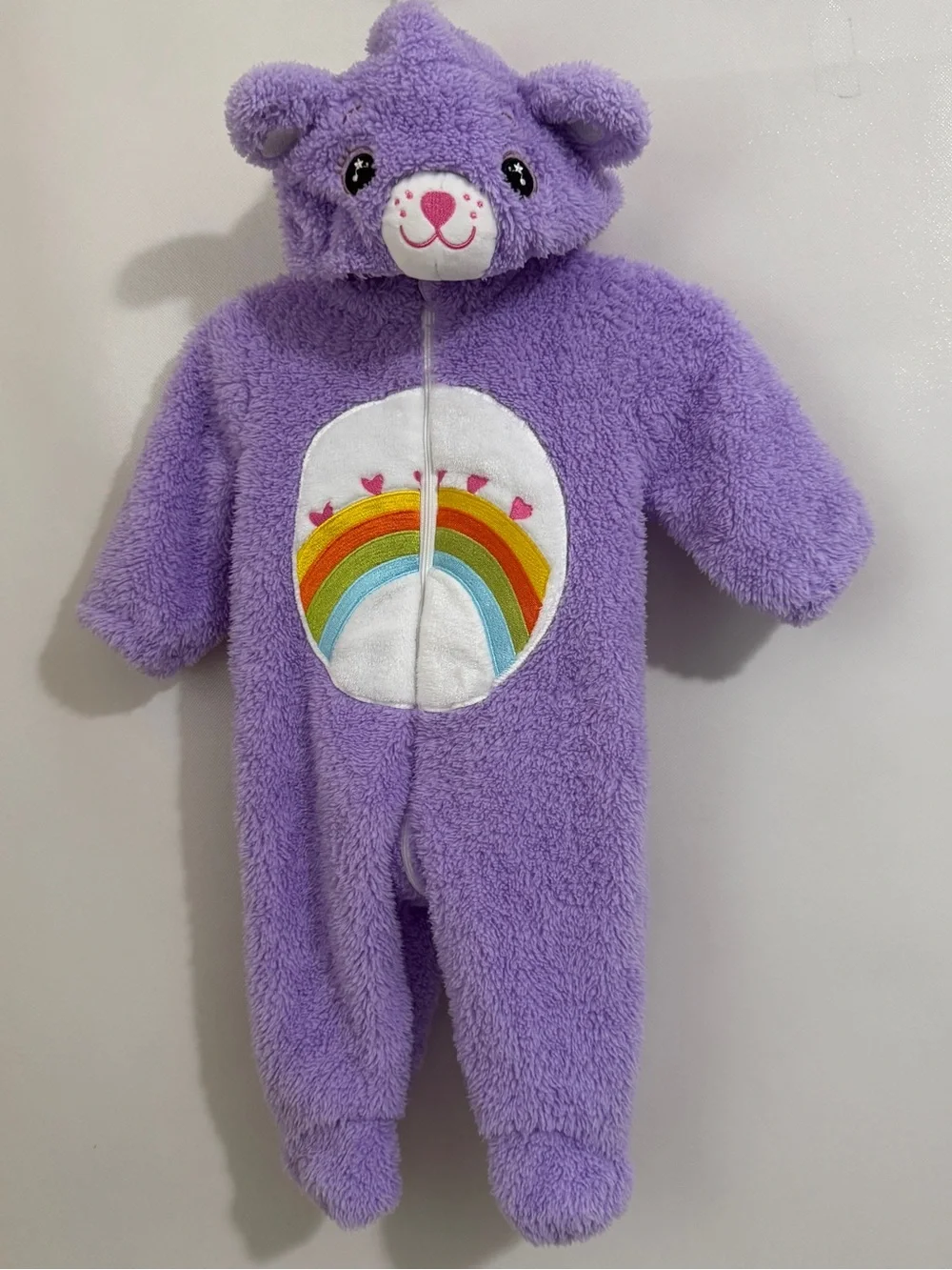 Purple Plush Bear Footed One-Piece with Rainbow Appliqué - Kids Fuzzy
